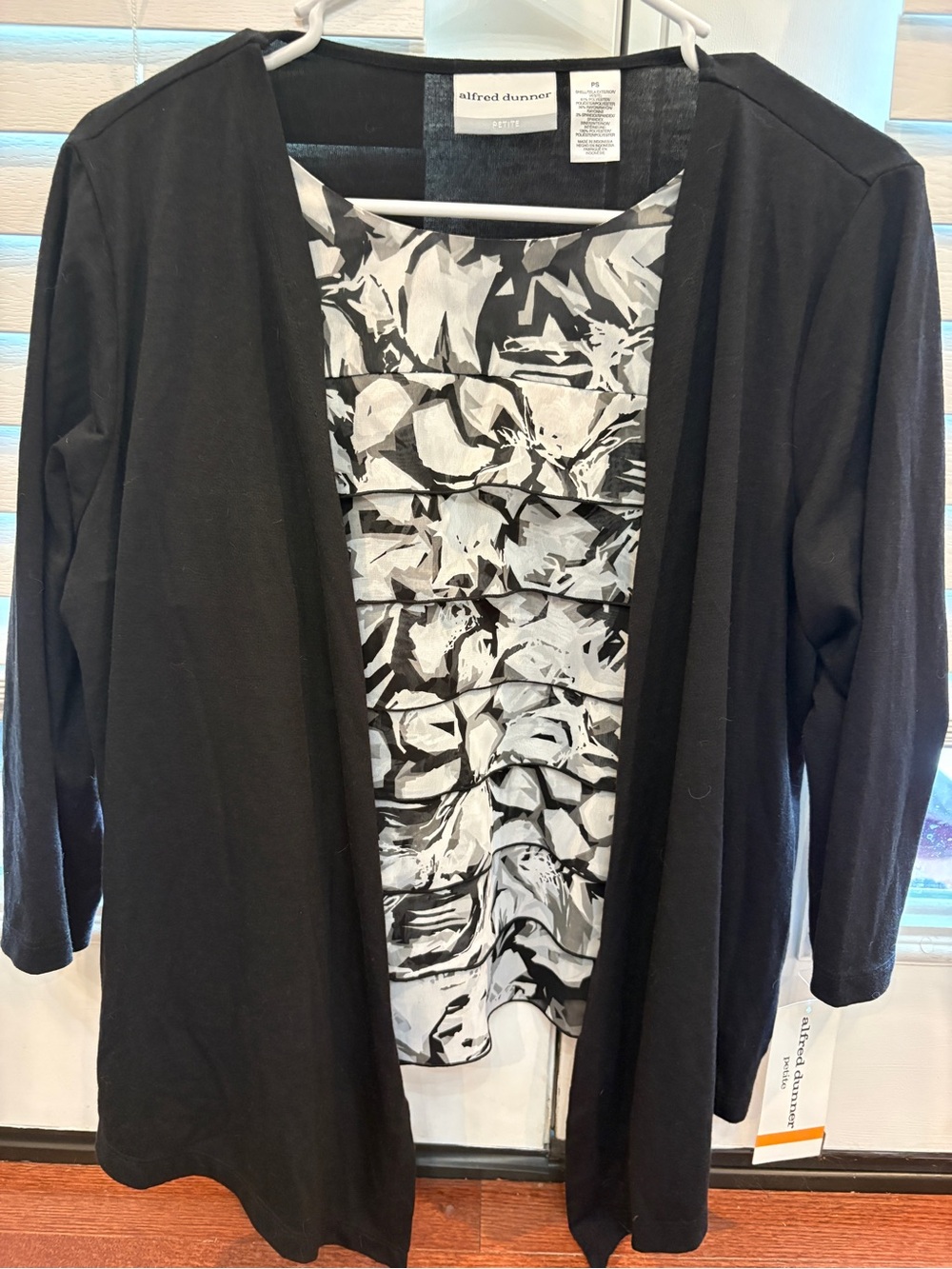 Alfred Dunner Black Cardigan with Monochrome Print